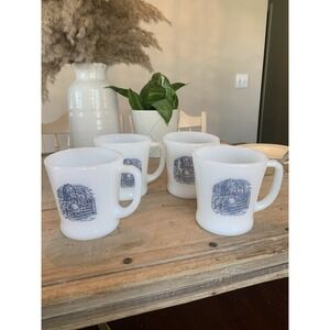 Vtg 1950s Currier & Ives Milk Glass Coffee Cups Mugs "Children On The Farm Gate"